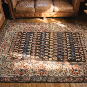 Small Scatter Size Antique Brown Tribal Paisley Pattern Persian Malayer Rug (SKU 20013) - styled overhead view