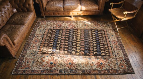Small scatter size antique brown tribal paisley pattern persian malayer rug 2 Small scatter size antique brown tribal paisley pattern persian malayer rug (sku 20013) - styled overhead view
