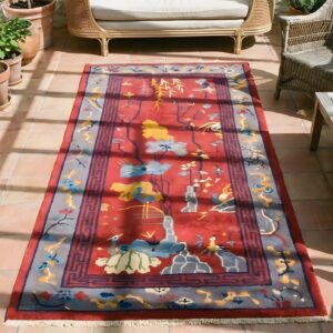 Small Scatter Size Chinese - Art Deco Knotted 1920s Antique Coral Wool Rectangle Rug (SKU 22269) - styled overhead view