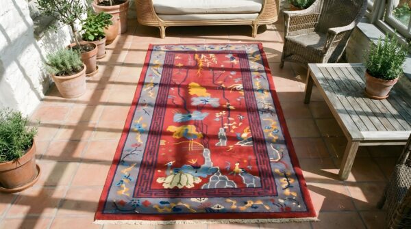 Small scatter size chinese - art deco knotted 1920s antique coral wool rectangle rug 2 Small scatter size chinese - art deco knotted 1920s antique coral wool rectangle rug (sku 22269) - styled overhead view