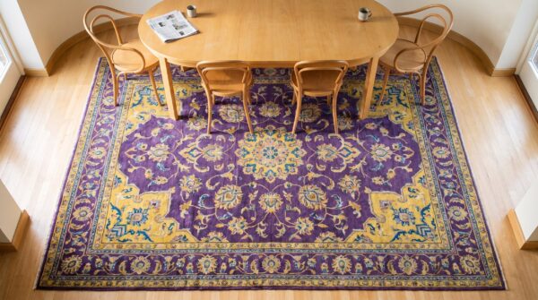 Small scatter size chinese - art deco antique rectangle yellow 1920s knotted wool rug 2 Small scatter size chinese - art deco antique rectangle yellow 1920s knotted wool rug (sku 25545) - styled overhead view