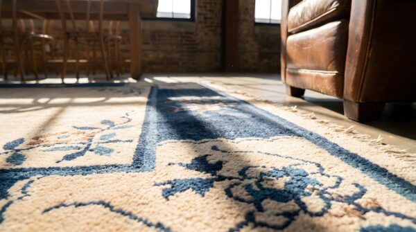 Small scatter size chinese - peking rectangle knotted 1920s ivory wool antique rug 7 Small scatter size chinese - peking rectangle knotted 1920s ivory wool antique rug (sku 23207) - in-room detail