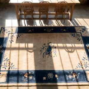 Small Scatter Size Chinese - Peking Rectangle Knotted 1920s Ivory Wool Antique Rug (SKU 23207) - styled overhead view