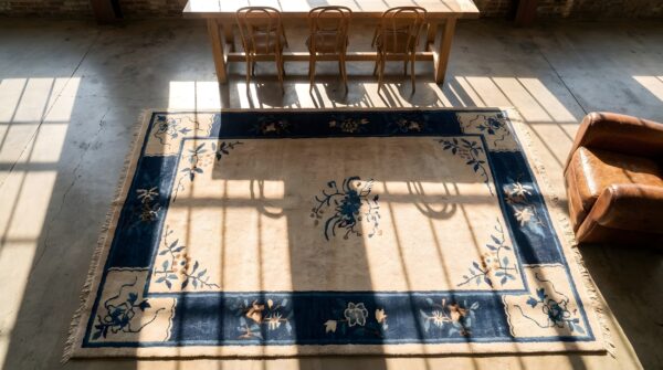 Small scatter size chinese - peking rectangle knotted 1920s ivory wool antique rug 2 Small scatter size chinese - peking rectangle knotted 1920s ivory wool antique rug (sku 23207) - styled overhead view