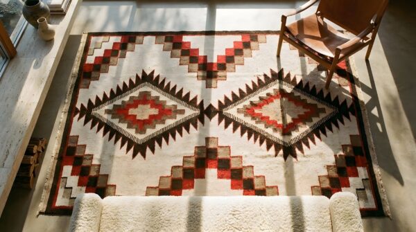 Small scatter size flatwoven tribal antique native american navajo rug 11 Small scatter size flatwoven tribal antique native american navajo rug (sku 24380) - in-room detail