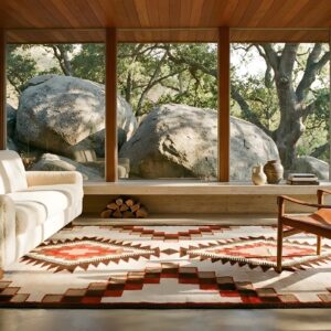 Small Scatter Size Flatwoven Tribal Antique Native American Navajo Rug (SKU 24380) - styled overhead view