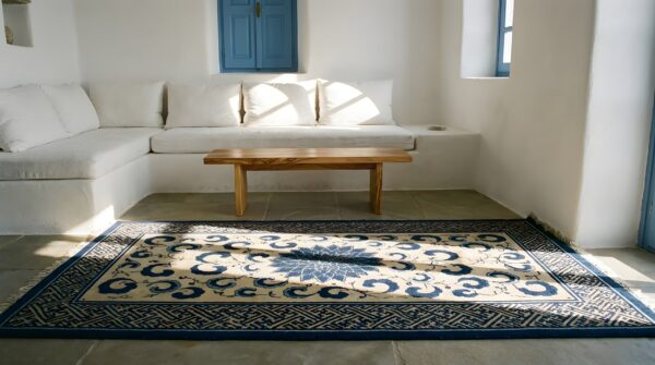 Small scatter size antique floral chinese ivory and blue color peking rug 8 Small scatter size antique floral chinese ivory and blue color peking rug (sku 23244) - room view