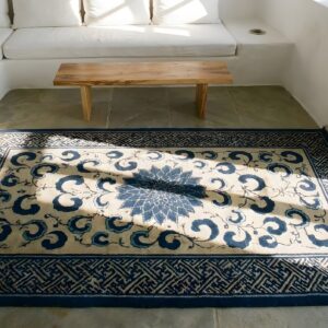 Small Scatter Size Antique Floral Chinese Ivory and Blue Color Peking Rug (SKU 23244) - styled overhead view