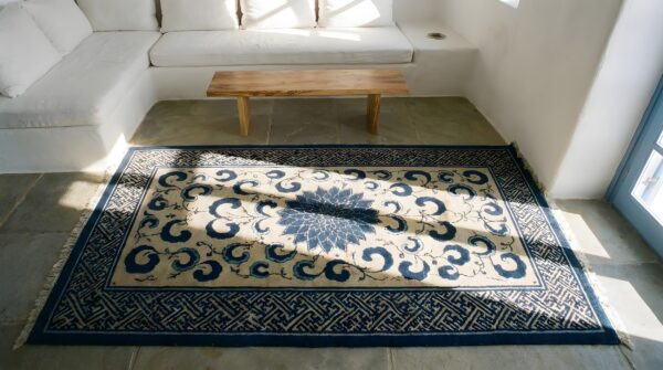 Small scatter size antique floral chinese ivory and blue color peking rug 2 Small scatter size antique floral chinese ivory and blue color peking rug (sku 23244) - styled overhead view