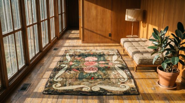 Small scatter size antique floral inlay design american hooked folk art rug 7 Small scatter size antique floral inlay design american hooked folk art rug (sku 17431) - room view