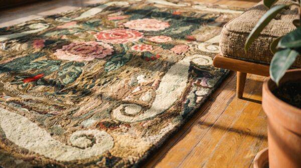 Small scatter size antique floral inlay design american hooked folk art rug 8 Small scatter size antique floral inlay design american hooked folk art rug (sku 17431) - in-room detail