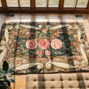 Small Scatter Size Antique Floral Inlay Design American Hooked Folk Art Rug (SKU 17431) - styled overhead view