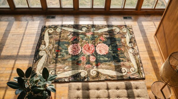 Small scatter size antique floral inlay design american hooked folk art rug 2 Small scatter size antique floral inlay design american hooked folk art rug (sku 17431) - styled overhead view
