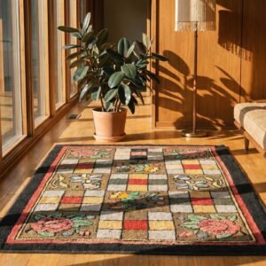 Small Scatter Size Antique Geometric Checkered Floral Pattern American Hooked Folk Art Rug (SKU 17658) - room view