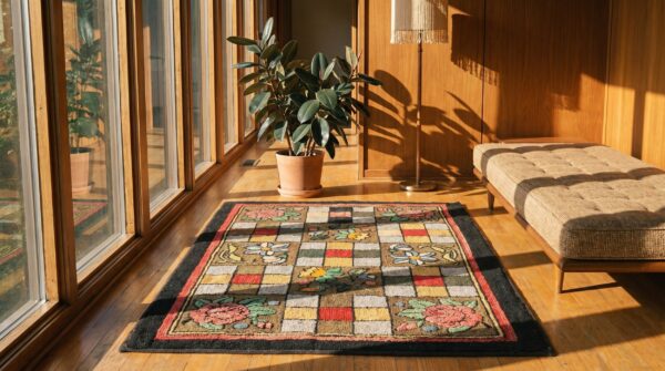 Small scatter size antique geometric checkered floral pattern american hooked folk art rug 5 Small scatter size antique geometric checkered floral pattern american hooked folk art rug (sku 17658) - room view