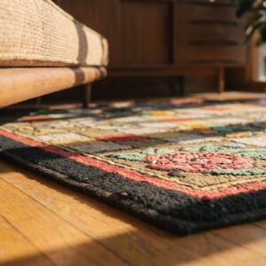 Small Scatter Size Antique Geometric Checkered Floral Pattern American Hooked Folk Art Rug (SKU 17658) - in-room detail