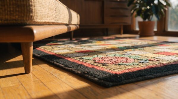 Small scatter size antique geometric checkered floral pattern american hooked folk art rug 6 Small scatter size antique geometric checkered floral pattern american hooked folk art rug (sku 17658) - in-room detail