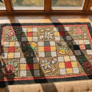 Small Scatter Size Antique Geometric Checkered Floral Pattern American Hooked Folk Art Rug (SKU 17658) - styled overhead view