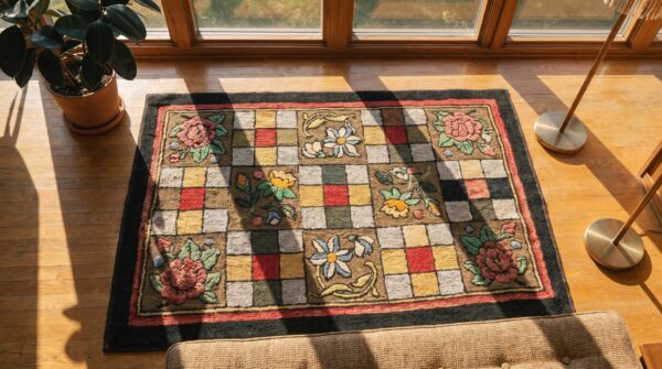 Small scatter size antique geometric checkered floral pattern american hooked folk art rug 2 Small scatter size antique geometric checkered floral pattern american hooked folk art rug (sku 17658) - styled overhead view