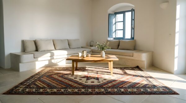 Small scatter size happy colorful antique tribal geometric caucasian kuba rug 8 Small scatter size happy colorful antique tribal geometric caucasian kuba rug (sku 23572) - room view