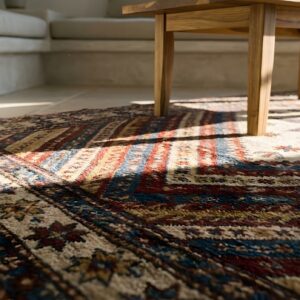 Small Scatter Size Happy Colorful Antique Tribal Geometric Caucasian Kuba Rug (SKU 23572) - in-room detail