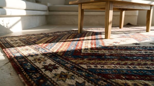 Small scatter size happy colorful antique tribal geometric caucasian kuba rug 9 Small scatter size happy colorful antique tribal geometric caucasian kuba rug (sku 23572) - in-room detail