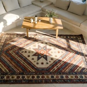 Small Scatter Size Happy Colorful Antique Tribal Geometric Caucasian Kuba Rug (SKU 23572) - styled overhead view