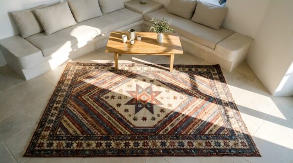 Small scatter size happy colorful antique tribal geometric caucasian kuba rug 2 Small scatter size happy colorful antique tribal geometric caucasian kuba rug (sku 23572) - styled overhead view