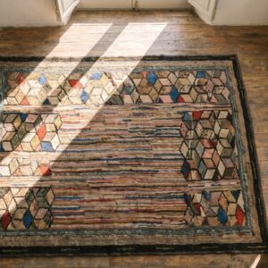 Wool Small Scatter Size Antique Hooked American 1930s Rug (SKU 17652) - styled overhead view