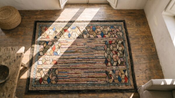 Wool small scatter size antique hooked american 1930s rug (sku 17652) - styled overhead view