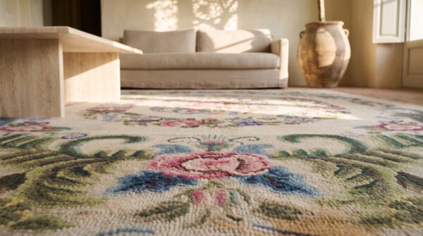 Antique small scatter size hooked american wool 1935 rug 6 Antique small scatter size hooked american wool 1935 rug (sku 20565) - in-room detail
