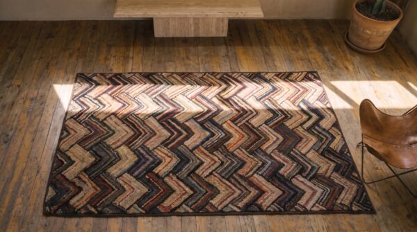 Wool small scatter size hooked multicolor antique 1920s american rug 9 Wool small scatter size hooked multicolor antique 1920s american rug (sku 20482) - in-room detail