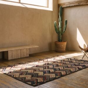 Wool Small Scatter Size Hooked Multicolor Antique 1920s American Rug (SKU 20482) - styled overhead view
