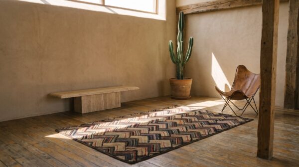 Wool small scatter size hooked multicolor antique 1920s american rug 2 Wool small scatter size hooked multicolor antique 1920s american rug (sku 20482) - styled overhead view