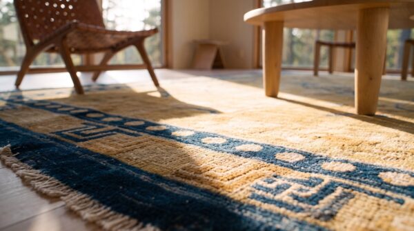Antique small scatter size wool ivory rug (sku 25068) - in-room detail