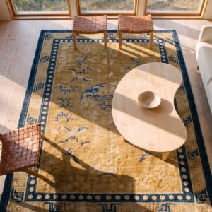 Antique Small Scatter Size Wool Ivory Rug (SKU 25068) - styled overhead view