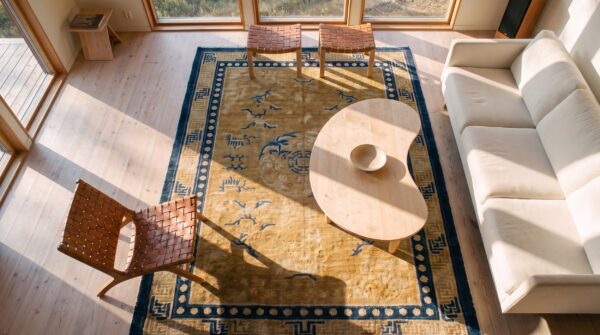 Antique small scatter size wool ivory rug (sku 25068) - styled overhead view