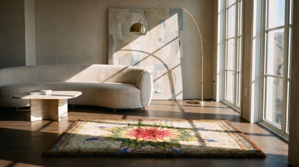 Small scatter size ivory american 1930s antique hooked square wool rug 6 Small scatter size ivory american 1930s antique hooked square wool rug (sku 20532) - room view