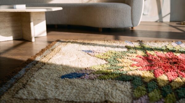 Small scatter size ivory american 1930s antique hooked square wool rug 7 Small scatter size ivory american 1930s antique hooked square wool rug (sku 20532) - in-room detail
