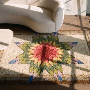 Small Scatter Size Ivory American 1930s Antique Hooked Square Wool Rug (SKU 20532) - styled overhead view