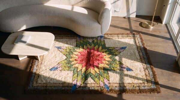 Small scatter size ivory american 1930s antique hooked square wool rug 2 Small scatter size ivory american 1930s antique hooked square wool rug (sku 20532) - styled overhead view