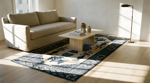 Small scatter size antique ivory chinese geometric medallion baotou rug 7 Small scatter size antique ivory chinese geometric medallion baotou rug (sku 23238) - room view