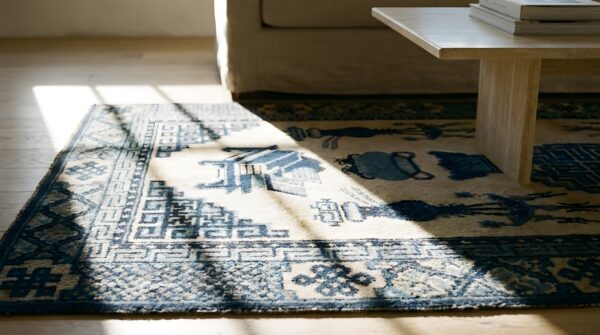 Small scatter size antique ivory chinese geometric medallion baotou rug 8 Small scatter size antique ivory chinese geometric medallion baotou rug (sku 23238) - in-room detail