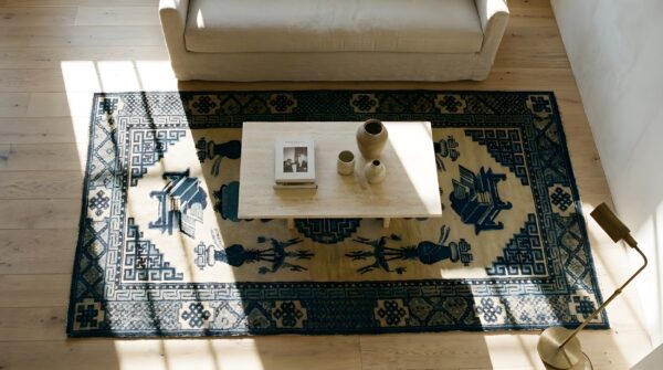 Small scatter size antique ivory chinese geometric medallion baotou rug 2 Small scatter size antique ivory chinese geometric medallion baotou rug (sku 23238) - styled overhead view