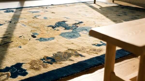 Small scatter size ivory wool antique knotted chinese - peking rectangle 1900s rug 12 Small scatter size ivory wool antique knotted chinese - peking rectangle 1900s rug (sku 23568) - in-room detail