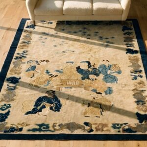 Small Scatter Size Ivory Wool Antique Knotted Chinese - Peking Rectangle 1900s Rug (SKU 23568) - styled overhead view