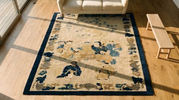 Small scatter size ivory wool antique knotted chinese - peking rectangle 1900s rug 2 Small scatter size ivory wool antique knotted chinese - peking rectangle 1900s rug (sku 23568) - styled overhead view
