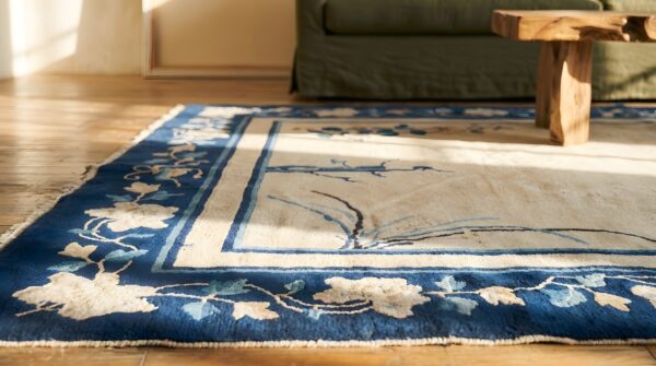 Small scatter size antique ivory minimalist chinese peking rug 8 Small scatter size antique ivory minimalist chinese peking rug (sku 23117) - in-room detail