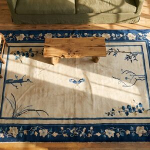 Small Scatter Size Antique Ivory Minimalist Chinese Peking Rug (SKU 23117) - styled overhead view