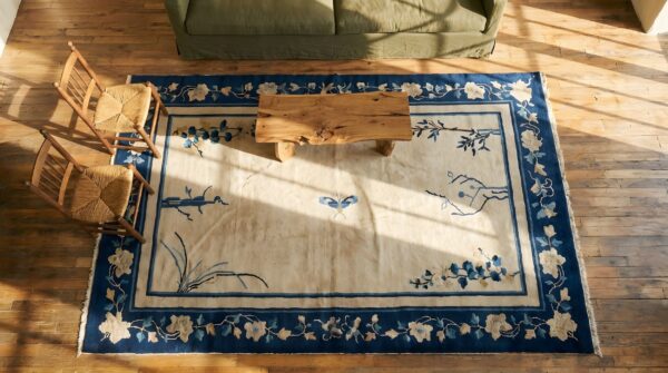 Small scatter size antique ivory minimalist chinese peking rug 2 Small scatter size antique ivory minimalist chinese peking rug (sku 23117) - styled overhead view